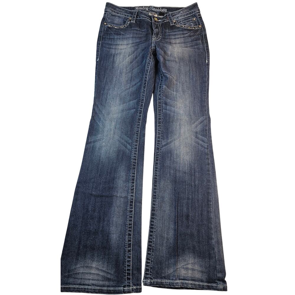 Harley Davidson sz 6 thick stitch flare riding jeans y2k glam embellished blue